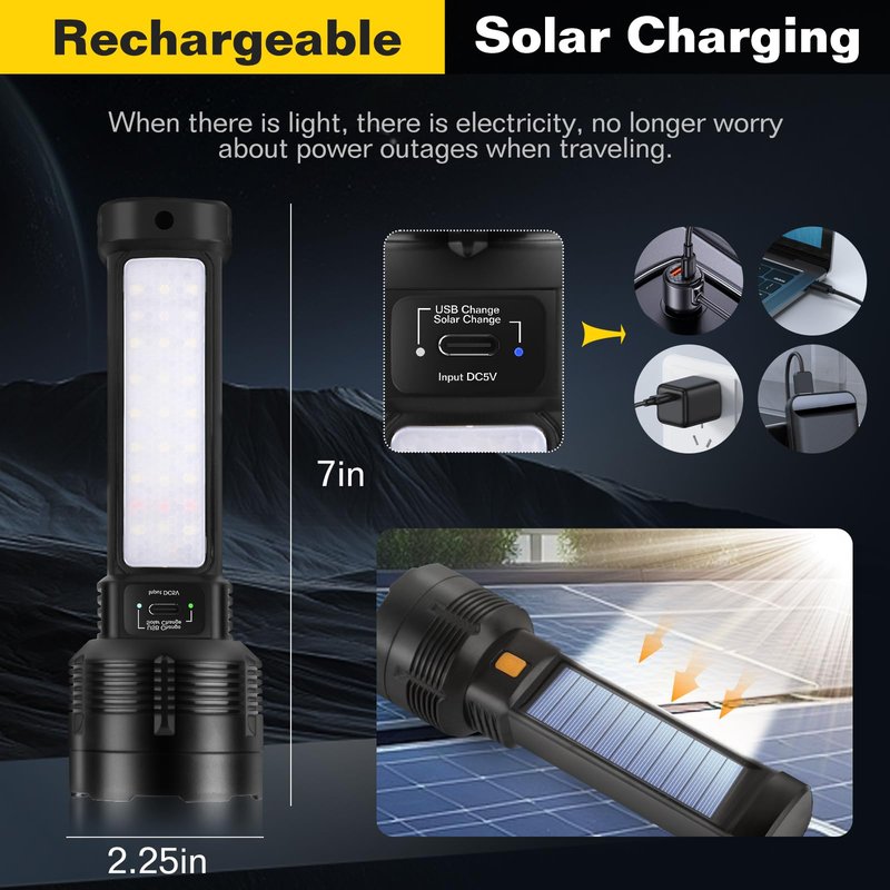2 Pack LED Rechargeable Flashlight - 20000 Lumens Super Bright Tactical Flash Light, Compact & Waterproof, Long-Lasting Battery, Solar Flashlights for Home, Camping,Hiking, Emergencies, Adventures