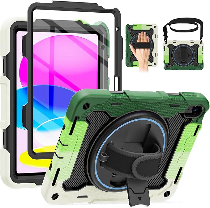 for iPad 9th 8th 7th Gen Case 10.2 inch with Screen Protector | 360° Rotating Kickstand Hand Strap Shoulder Strap Heavy Duty Military Grade - Kids Friendly