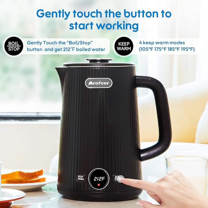 Arofeer® Electric Kettle Temperature Control, 1.7L Stainless Steel Electric Tea Kettle with LED Display, 5 Presets, 4-Hour Keep Warm, Fast Boil Hot Water Kettle for Tea, Coffee & Oatmeal, Black