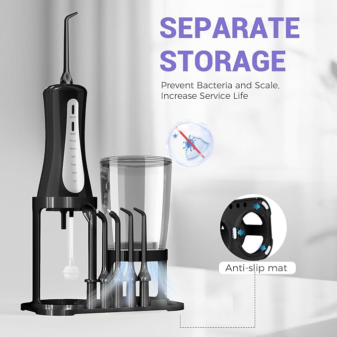 GOLDANT 350ML Water Flosser with Drainage & Storage Stand, Keeps Dry & Clean, 5 Modes, 360°Nozzle, Cordless Rechargeable, IPX7 Waterproof, Portable for Home & Travel (Black)