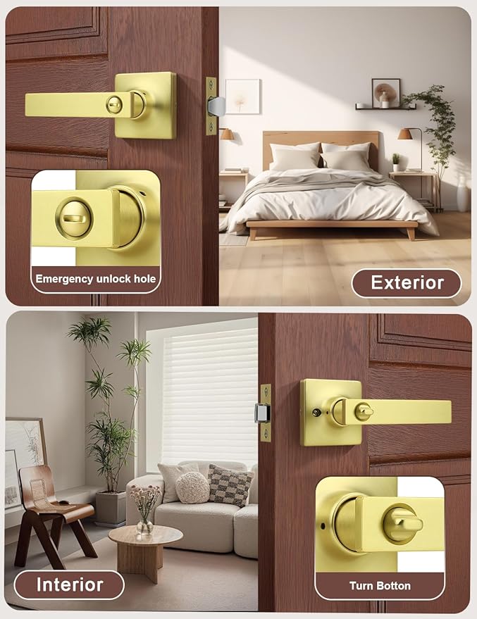 Mengico 5 Pack Gold Privacy Lever Door Handle Interior with Lock, Heavy Duty Square Door Lock for Bed/Bath, Keyless Door Locksets, Reversible for Left Right Handed Doors