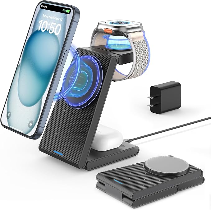 Wireless Charger Stand CIYOYO 3 in 1 Fast Wireless Charging Station Dock for Apple Watch 11/9/8/7/6/SE/5/4/3/2 Airpods 3/2/Pro iPhone 17/16/15/14/14 Plus/14 Pro Max/13/13 Pro/12/12 Pro/SE/X/XR/XS/8