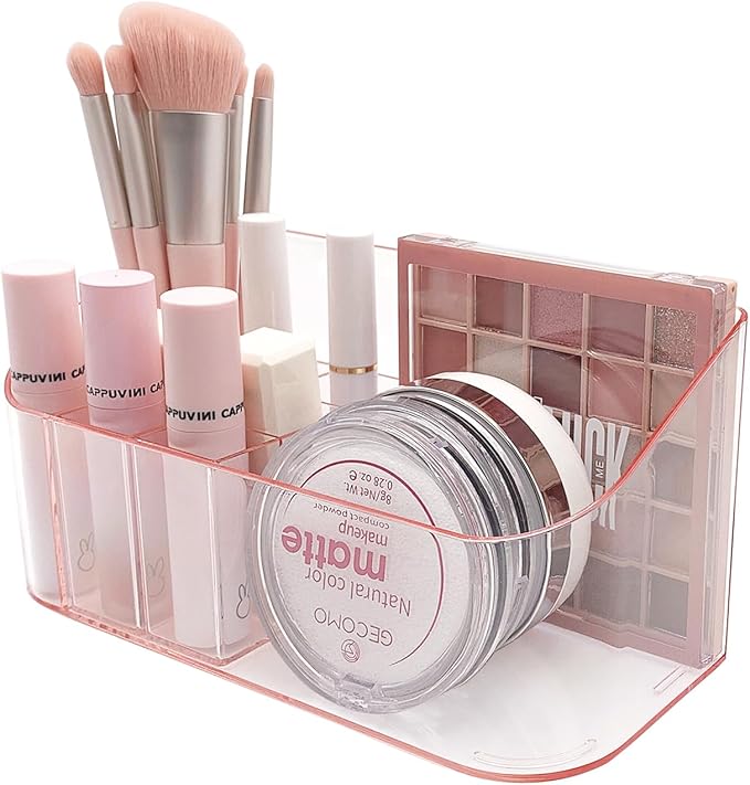 SUNFICON Makeup Holder Tray Organizer Cosmetic Display Case Tabletop Desktop Vanity Countertop Bathroom Wall Cabinet Medicine Storage Box 9 Dividers 2 Removable for Womens Ladies Girls Crystal Pink