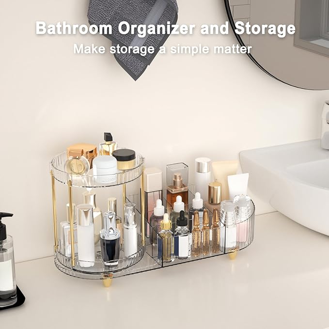 Makeup Organizer Countertop for Vanity, Rotating Skincare Organizers and Storage, 2-in-1 Cosmetic Organizer Display Case with Makeup Holder Perfume Tray for Desk Counter Bathroom Dresser