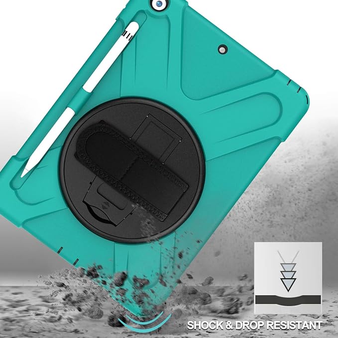 ProCase Rugged Case for iPad 9th/ 8th/ 7th -Teal | Heavy Duty Shockproof Protective Cover with Strap for 10.2 iPad 9/8/7 (2021/2020/2019)