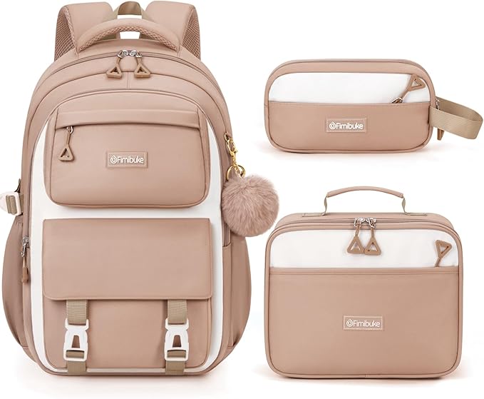 Fimibuke Backpacks for Girls, 3 PCS Waterproof School Backpack with Lunch Box & Pencil Pouch for Kids Teen Girl, Cute Bookbag School Bag for Elementary Middle High School Student Ages 6+(Khaki)
