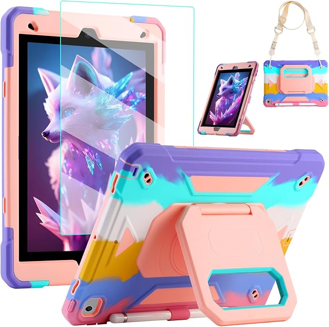 for iPad 9th/8th/7th Generation Case iPad 10.2 Case 2021/2020/2019 Rugged Heavy Duty Shockproof Protective Kids Case with Screen Protector/360° Rotating Folding Stand/Pencil Holder/Shoulder Strap