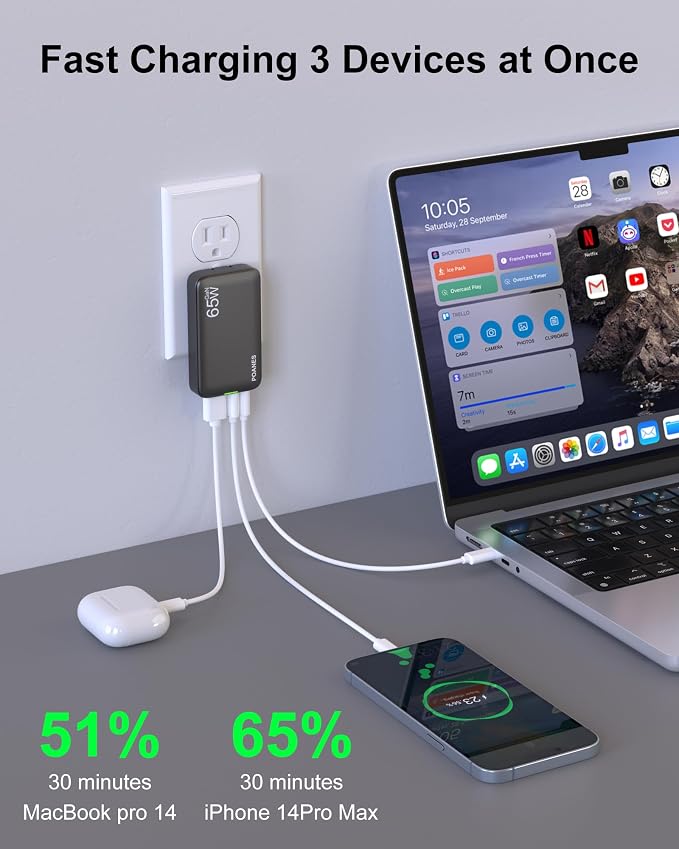 3-Port Flat USB C Wall Charger 30W Max Type-C Fast Charging Block | Dual USB-C 1 USB-A PD 25W Fast Charging Slim Body Foldable Plug for IPad Pro Tablets iPhone 17/16/15 Series Galaxy