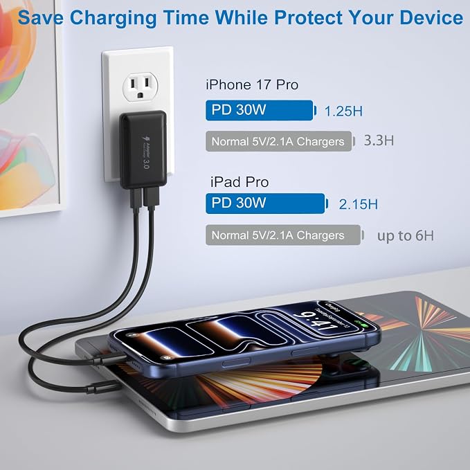 Flat USB C Wall Charger Costyle 2 Pack 50W Slim USB A and USB C Power Adapter Plug PD+QC 3.0 Fast Charging Block with Foldable Outlet Plug for Galaxy A16 A14 A03S A05iPhone 16 15(Black)