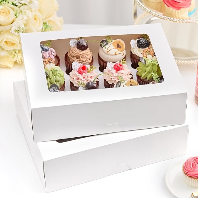 Kucoele 12 Count White Cupcake Boxes, 13 x 10 x 4 Inches, 12 Pack