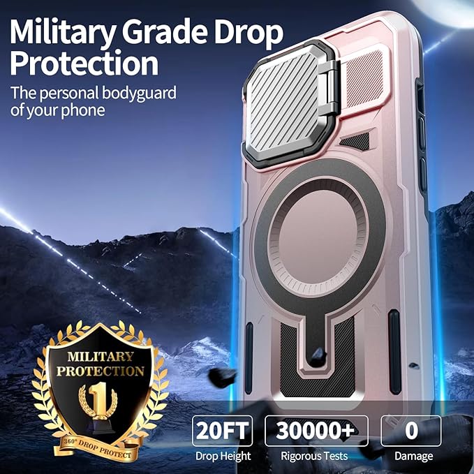 Camera Stand Case for iPhone 13/14, [Compatible with Mag Safe] [Lens Cover] 2024 Version Military Grade Protective Soft Case for iPhone 13/14 6.1 inch Men Women, Pink