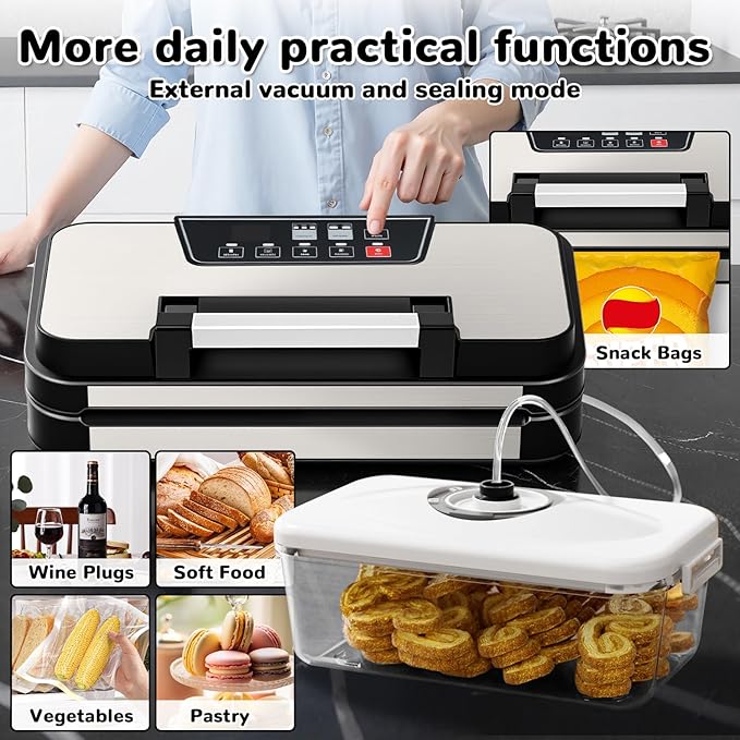 Vacuum Sealer Machine, 95Kpa Powerful Automatic Food Sealer, Built-in Cutter & Bag Storage, Progress Display, Easy-Lock Handle, for Dry Moist Food Preservation, Extend Freshness Longer