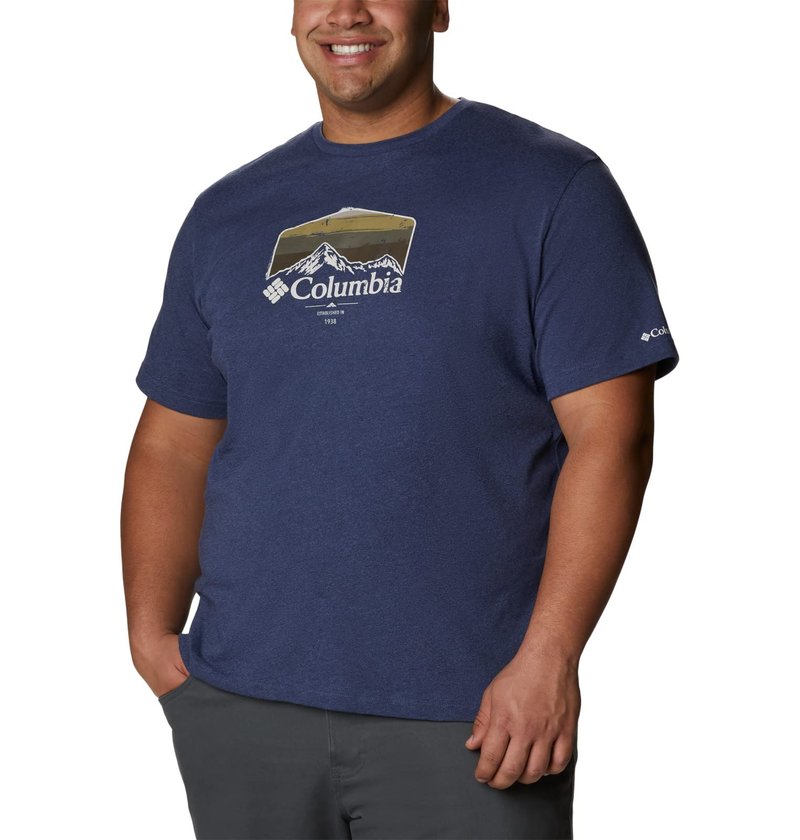 Columbia Men's Thistletown Hills Graphic Short Sleeve, Dark Mountain Heather/Hikers Graphic, Large