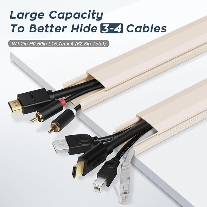 TV Cable Hider - 62.8in PVC Cord Hider Cable Management Wall, Paintable Cable Concealer for Wall Mounted TV, Cable Raceway Beige Wire Hider, Wall Wire Covers for Cords, 4* L15.7in *W1.2in *H0.59in