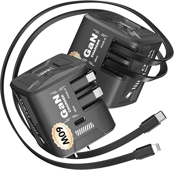 W &amp O 60W GaN Fast Charger Wall Plug Built-in Retractable USB-C &amp L Cables | Retractable Wall Charger with 47.2 Cables One Pull Charging No Cable Mess Solution for iPhone 17/16/15 Galaxy