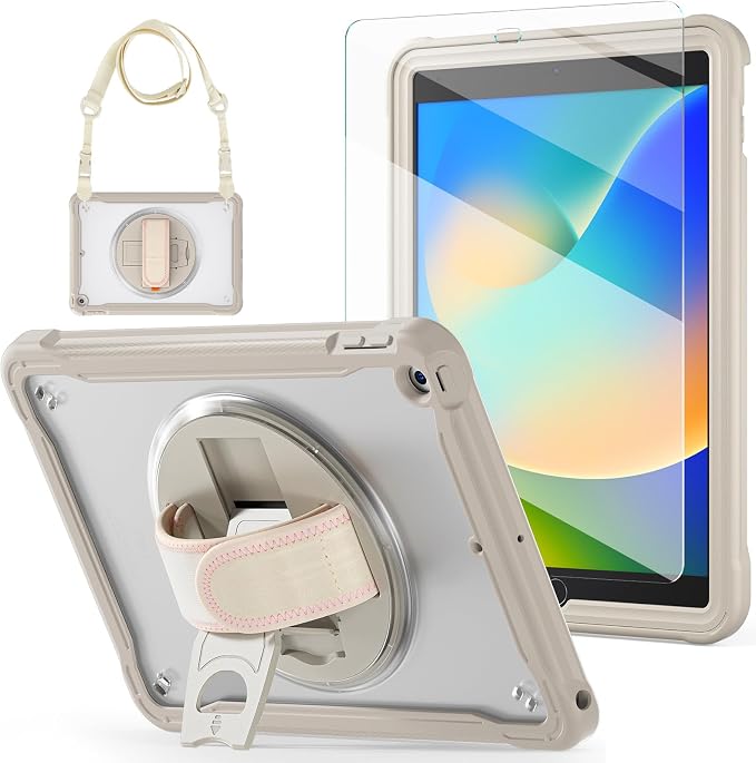 BLOSOMEET Clear Case for iPad 9th/8th/7th Generation 2021/2020/2019 10.2 Inch with Tempered Glass Screen Protector &amp Pencil HolderDrop-Proof iPad 10.2 Case w/Stand Hand Shoulder StrapBlack