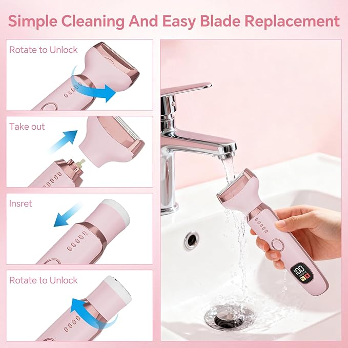 Electric Razors for Women, 4 in 1 Bikini Trimmer for Women, Wet & Dry Use Body Shaver, Nose Hair Face Eyebrow Arms Legs Armpit Underarm Pubic Area, Replaceable Lady Facial Razor Painless USB Charge