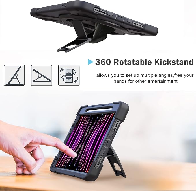 ProCase for iPad Pro 12.9 Inch Case 2022 2021 2020 2018 Rugged Heavy Duty Shockproof Cover with Hand Strap Shoulder Strap for iPad Pro 12.9 6th 5th 4th 3rd Generation –Black