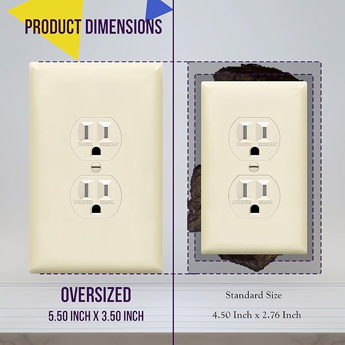 ENERLITES Duplex Receptacle Outlet Wall Plate, Jumbo Electrical Outlet Covers, Gloss Finish, Oversized 1-Gang 5.51" x 3.50", Polycarbonate Thermoplastic, 8821O-LA-10PCS, Light Almond, 10 Pack