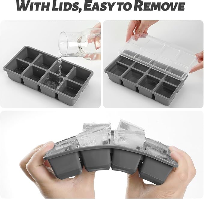 Large Ice Cube Trays with Lid, Jrisbo 2 Pack Stackable Silicone Ice Cube Molds for Freezer, Easy Release 16 Big Square Ice Trays for Whisky Cocktails (Pure Gray)