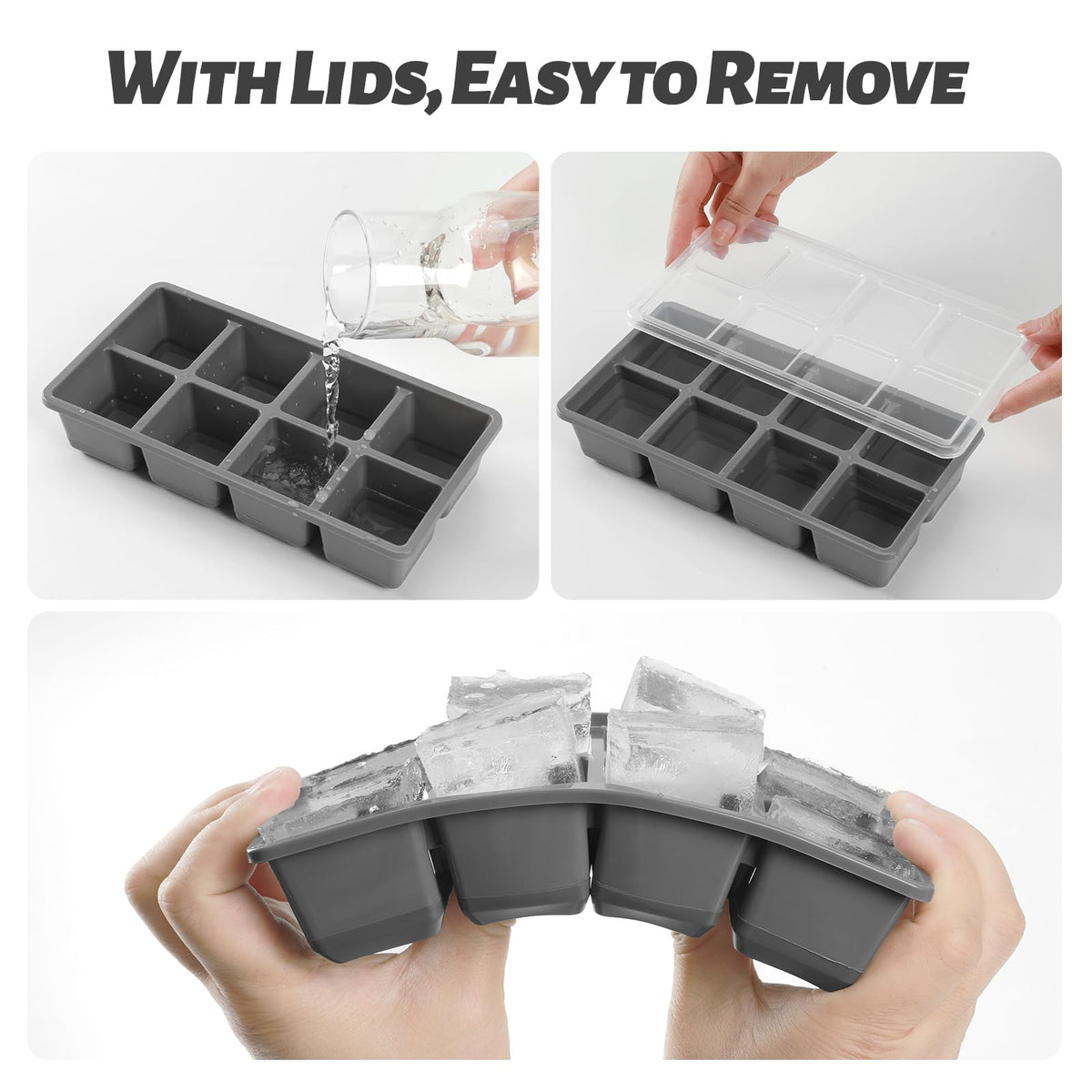 Large Ice Cube Trays with Lid, Jrisbo 2 Pack Stackable Silicone Ice Cube Molds for Freezer, Easy Release 16 Big Square Ice Trays for Whisky Cocktails (Pure Gray)