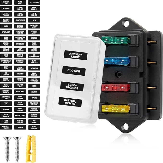 RED WOLF 4 Way Blade Fuse Block Box Holder w/Standard Circuit 10V-32V DC for Automotive Truck Boat Marine RV Van Vehicle Power Distribution Panel Damp-Proof Cover