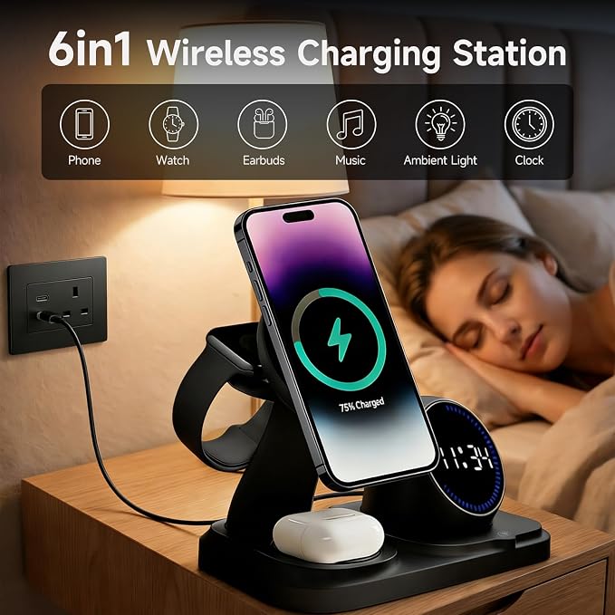 6-in-1 Wireless Charging Station with 30W Fast Adapter RGB Ambient Light Digital Clock &amp Bluetooth Speaker Multi-Function Desktop Charger for Wireless Charging Phones Earbuds &amp Watch