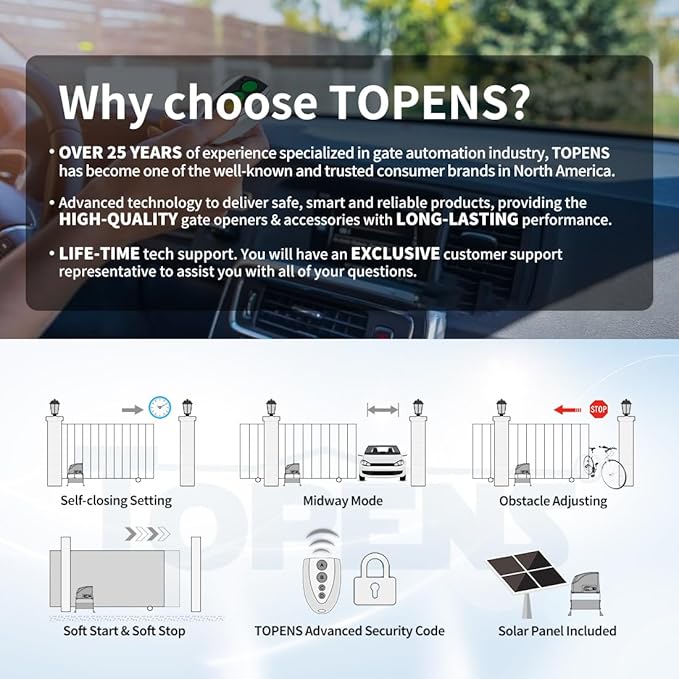TOPENS DKC500S Solar Sliding Gate Opener Chain Drive Automatic Gate Motor for Heavy Driveway Slide Gates Up to 1300 Pounds, Electric Gate Operator Battery Powered with Solar Panel Remote Control Kit