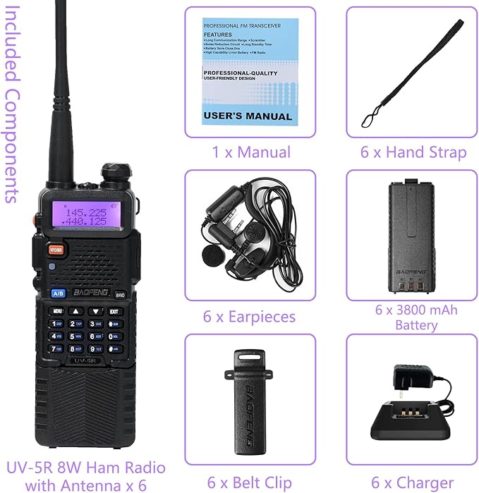 Baofeng UV-5R Dual Band Two Way Radio Handheld Ham Radio Long Range Walkie Talkies Pack of 6 for Hiking Camping Hunting Skiing Trip(Black) with 8W 3800mAh Battery