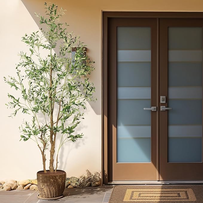 8.2ft Artificial Olive Tree (96in) with Plastic Nursery Pot Faux Olive Silk Tree, Fruits Fake Plant for Office House Farmhouse Living Room Home Decor (Indoor/Outdoor)