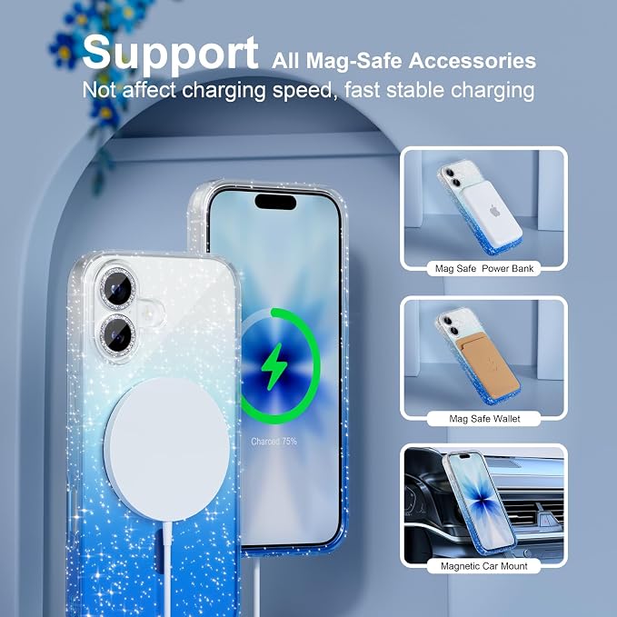 Choiche for iPhone 15 Pro Max Case Compatible with MagSafe Glitter Black | Women Girly Cute Glitter Sparkly Magnetic Phone Case with Diamond Camera Lens Protectors Military-Grade Drop Protection 6.7