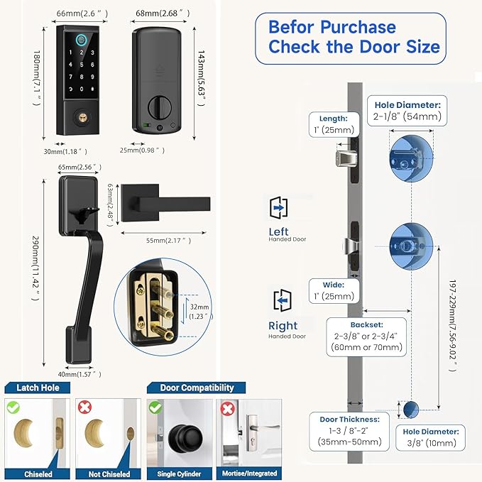 BEBASIA Heavy Duty Fingerprint Smart Door Lock for Front Door, APP Control Front Door Lock Sets, Auto Lock, Anti-Peeping Touchscreen Digital Keypad, Electronic Keyless Entry Deadbolt, Black