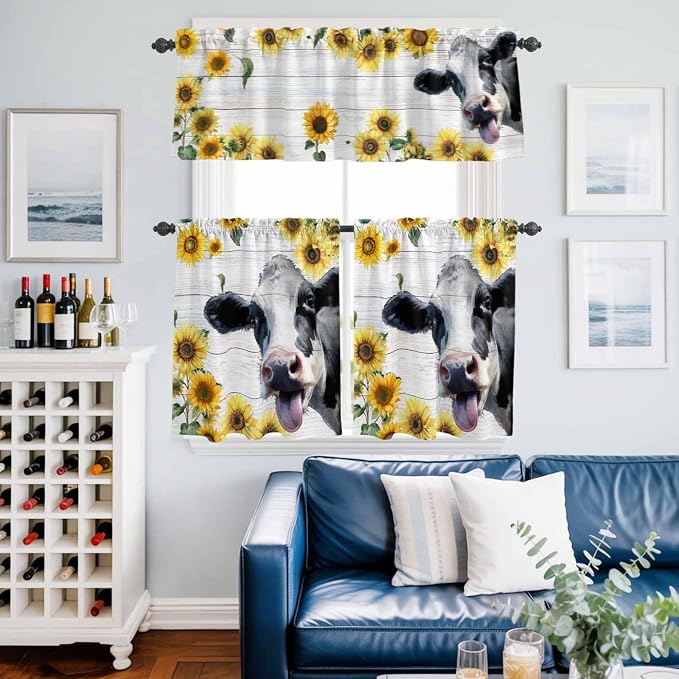 Kitchen Curtains Tiers and Valance Set of 3, Cow Sunflowers Light Filtering