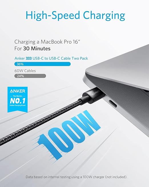 Anker USB C to USB C Cable 100W Fast Charging Cable (2-Pack 10 ft Black) | For iPhone 17 Series MacBook Pro 2020 Pixel and More (Not for Video Output)