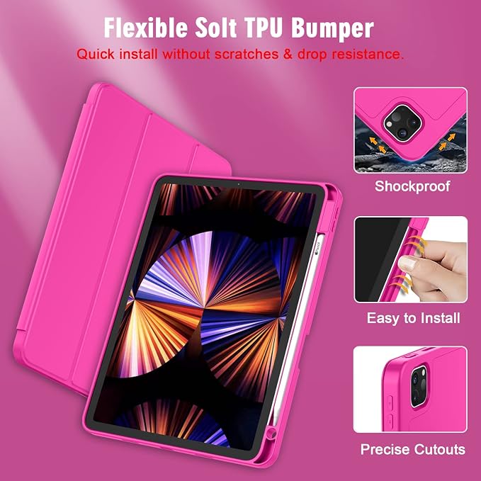 New iPad Pro 11 Inch Case 2022(4th Gen)/2021(3rd Gen)/2020(2nd Gen) with Pencil HolderSmart iPad Case [Support Touch ID and Auto Wake/Sleep] with Auto 2nd Gen Pencil Charging (Deep Pink)