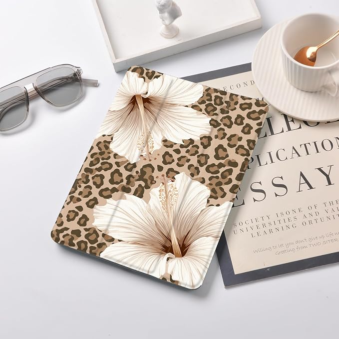 Joyland Brown Leopard Floral for iPad 6th/5th Generation 9.7 Inch 2018/2017Air 2/Air 1 CaseBuilt-in Pencil Holder with Shockproof Cover Transparent Back Shell Auto Wake/SleepBlack