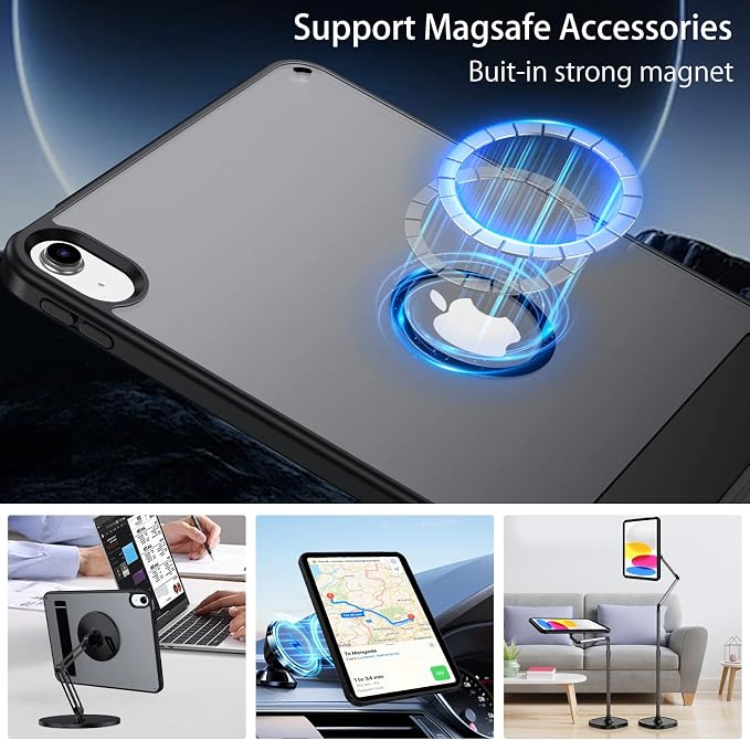 GUAGUA Magnetic Case for iPad (A16) 11th Generation 11 Inch 2025 iPad 10th Generation 10.9 Inch 2022 Cases with Stand &amp Pencil Holder Translucent Matte Back Shockproof Kickstand Case Black