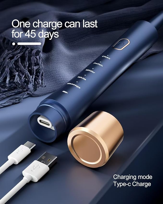 AJELU IPX7 Waterproof Sonicare Electric Toothbrush, 2-Hour Fast Charge with Intelligent Time Reminder, 5 Modes, 8 Brush Heads, Travel, Indoor, Outdoor, Blue