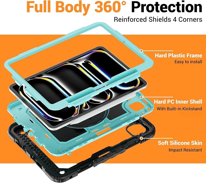 for iPad Pro 11 inch Protective Case M5 2025/M4 2024: Heavy Duty Shockproof Case with Pencil Holder - 360°Rotating Handle/Stand - Screen Protector - Shoulder Strap Black/Sky Blue