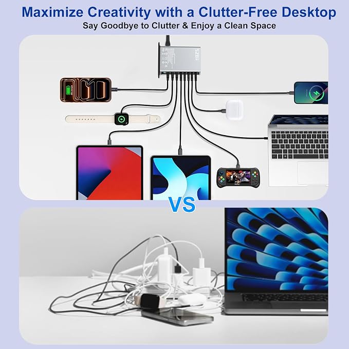 520W USB C Charger Station 8-Port (4C+4A) GaN Fast Charger Block 100W PD PPS for MacBook/iPad/iPhone with PFC &amp Anti-Slip Base Ventilation Design Include 1.5M 100W Cable &amp Cable Organizer