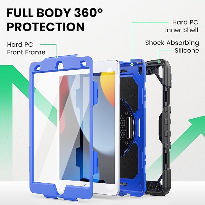 SEYMAC for iPad 9th/8th/7th Generation Case 10.2 2021-2019 Full-Body Shockproof Protective Case with Screen Protector Rotating Stand/Handle/Shoulder Strap for iPad 10.2 Blue/Black