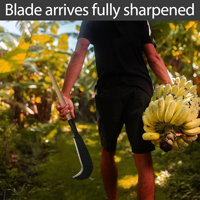 Sickle Garden Tool, Steel Billhook Machete Knife for Cutting Trees Heavy Duty, Hand Grass Weeding Sickle Knife with Wooden Handle for Yard Work