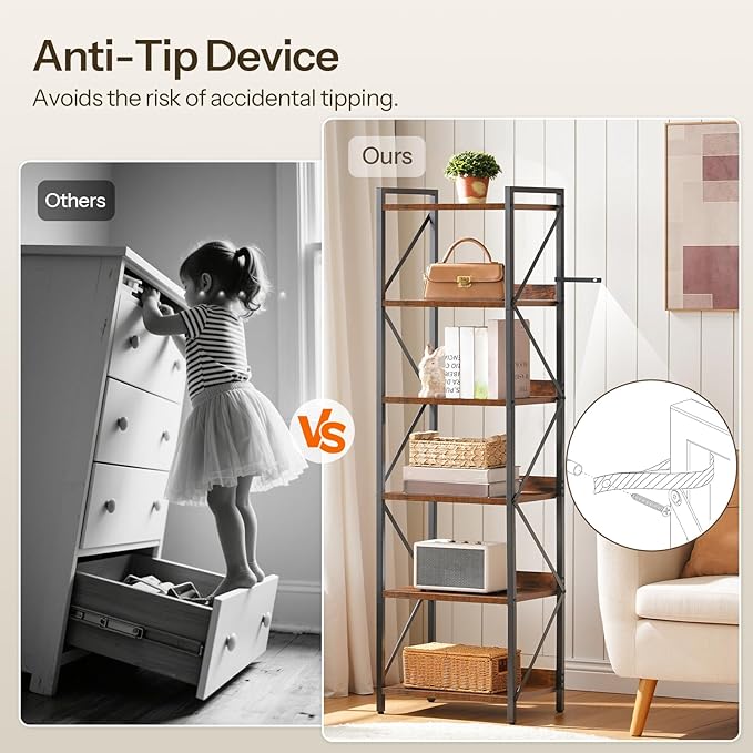 HOOBRO Bookshelf, 6-Tier Industrial Bookcase, Book Shelf Storage Organizer, Tall Bookshelf with Metal Frame for Living Room, Bedroom, Home Office, Kitchen, Rustic Brown and Black BF72SJ01