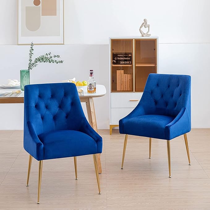 Modern Dining Chair Set of 4, Mid-Century Room Chair, Upholstered Comfortable Velvet with Back Pull Rod and Metal Legs for Kitchen, Dining, Living (Blue) (DYXSD)