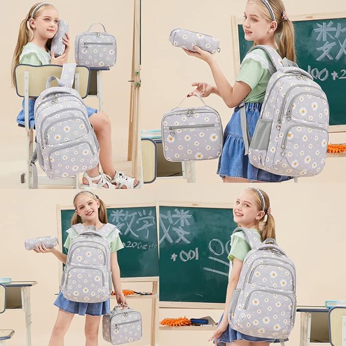 YJMKOI 3Pcs Daisy Prints Backpack for Girls Middle-School Elementary Students Bookbag Set with Lunch Box (Black)