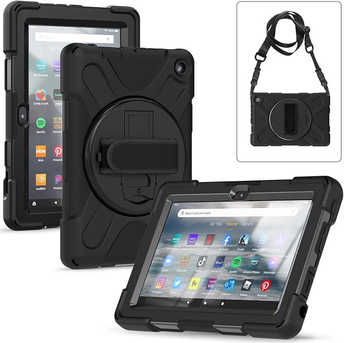 Case for Galaxy Tab S10 FE+ 13.1 2025 with Screen Protector+360 Rotating Hand Strap&ampStand+Shoulder Strap (Black)