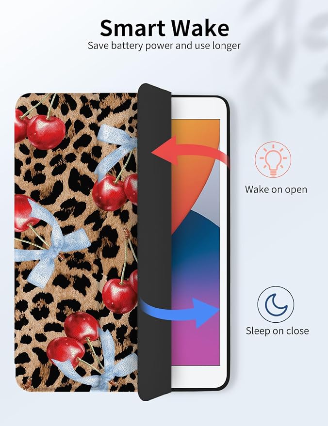 Case for iPad 9th/ 8th/ 7th Generation Case 10.2&amp10.5 Inch (2021/2020/2019 Release) Slim Lightweight Soft Trifold Back Cover with Pencil Holder &amp Auto Sleep/Wake Cover Cherries Cheetah Bows