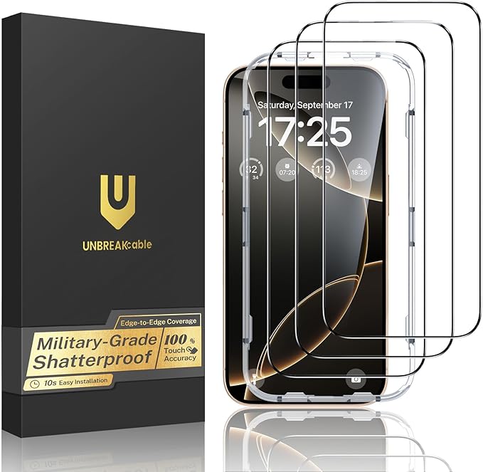 UNBREAKcable 3-Pack Screen Protector for iPhone 15 Double Shatterproof Tempered Glass [Easy Installation Frame] [99.99% HD Clear] [9H Hardness] [Full Coverage] [Case Friendly] for Apple 15 6.1 inch