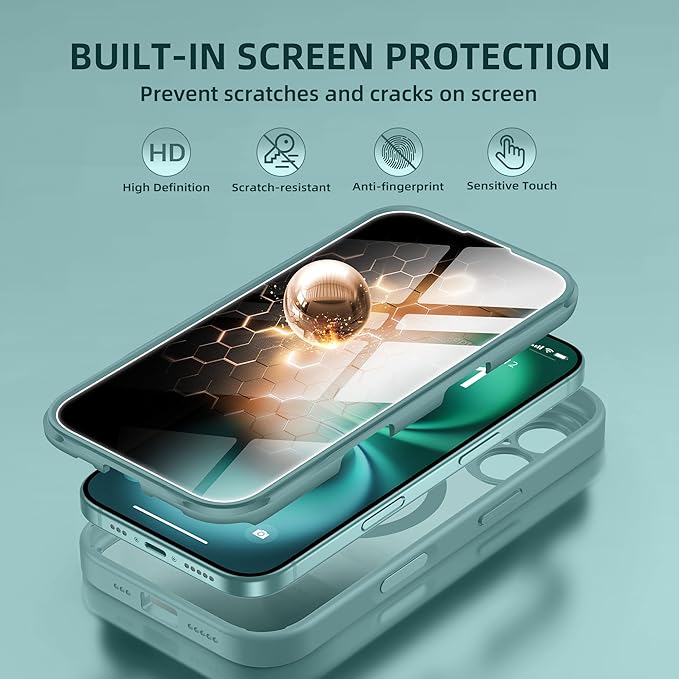 BERFY Magnetic for iPhone 16 Case, Compatible with MagSafe, Built-in Privacy Screen Protector and Upgraded Camera Protection, Anti-Spy Full Body Shockproof Phone Case for 16 6.1", Green