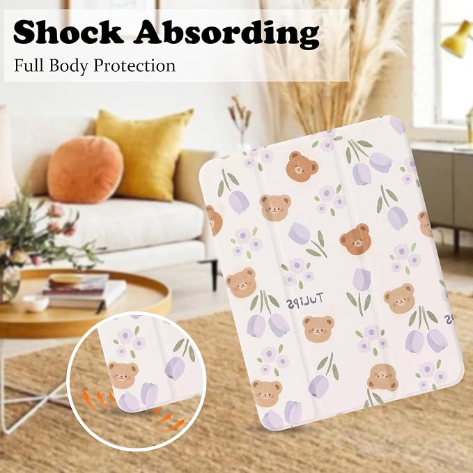 Lovmooful for iPad 9/8/7 Gen Case with Pencil Holder Cute-Bear Flower | Fit for iPad 9/8/7 (10.2-Inch2021/2020/2019 Model9th/8th/7th Generation)Soft TPUTrifold StandProtectiveGirly